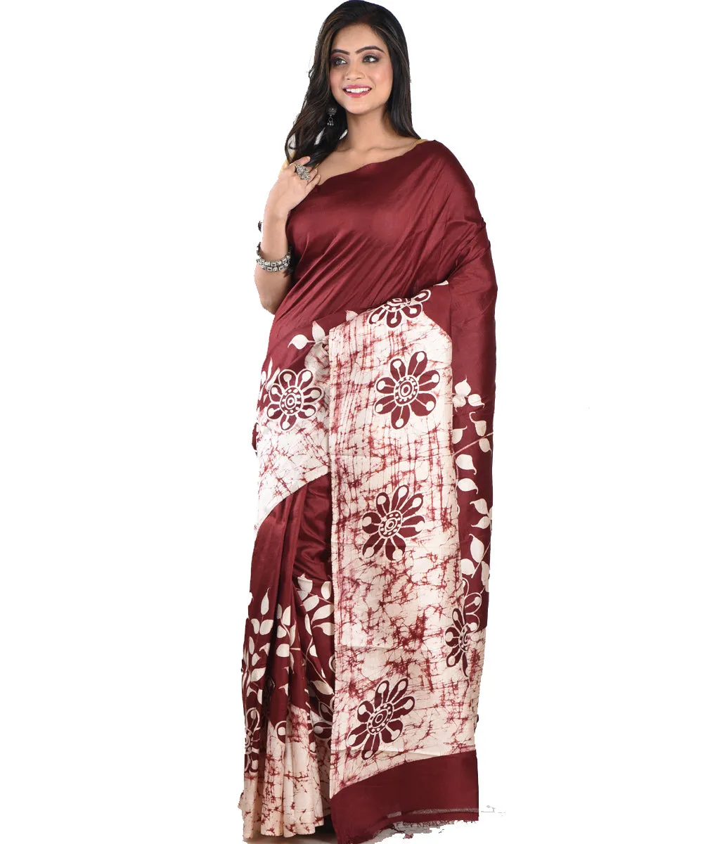 Maroon cream silk handloom batik print saree