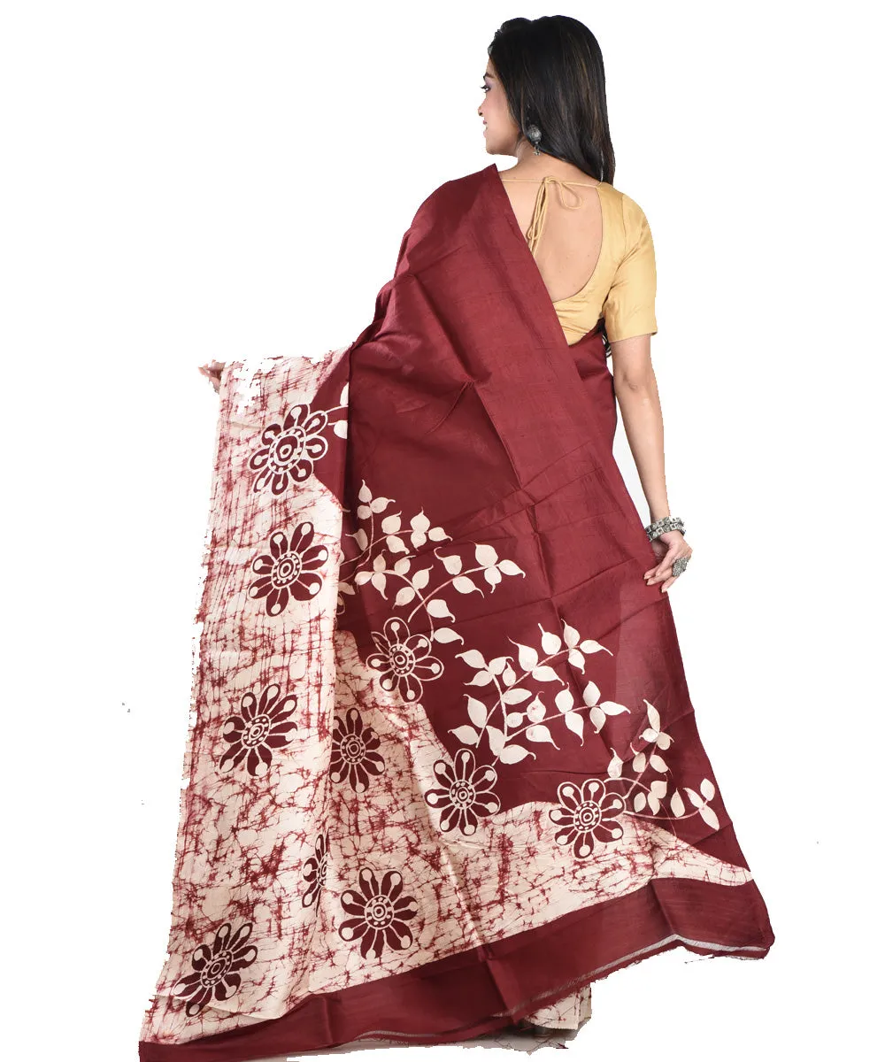 Maroon cream silk handloom batik print saree