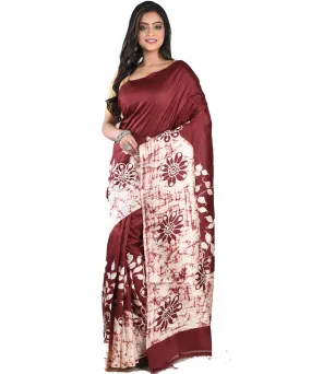 Maroon cream silk handloom batik print saree