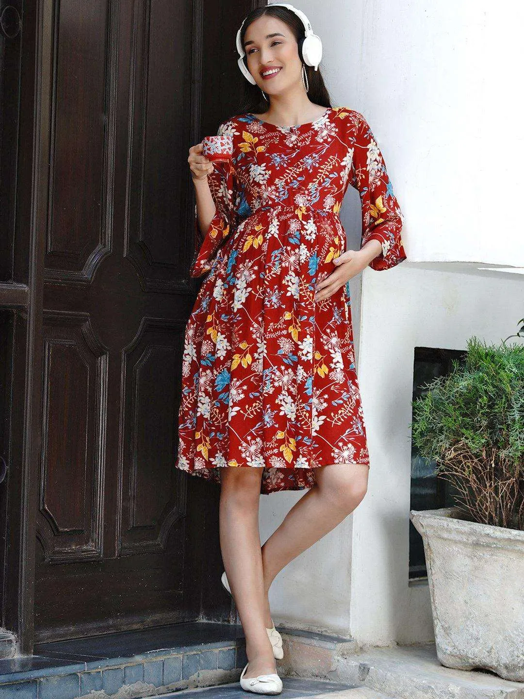 Maroon floral fit and flare Midi Rayon Maternity & Nursing Dress