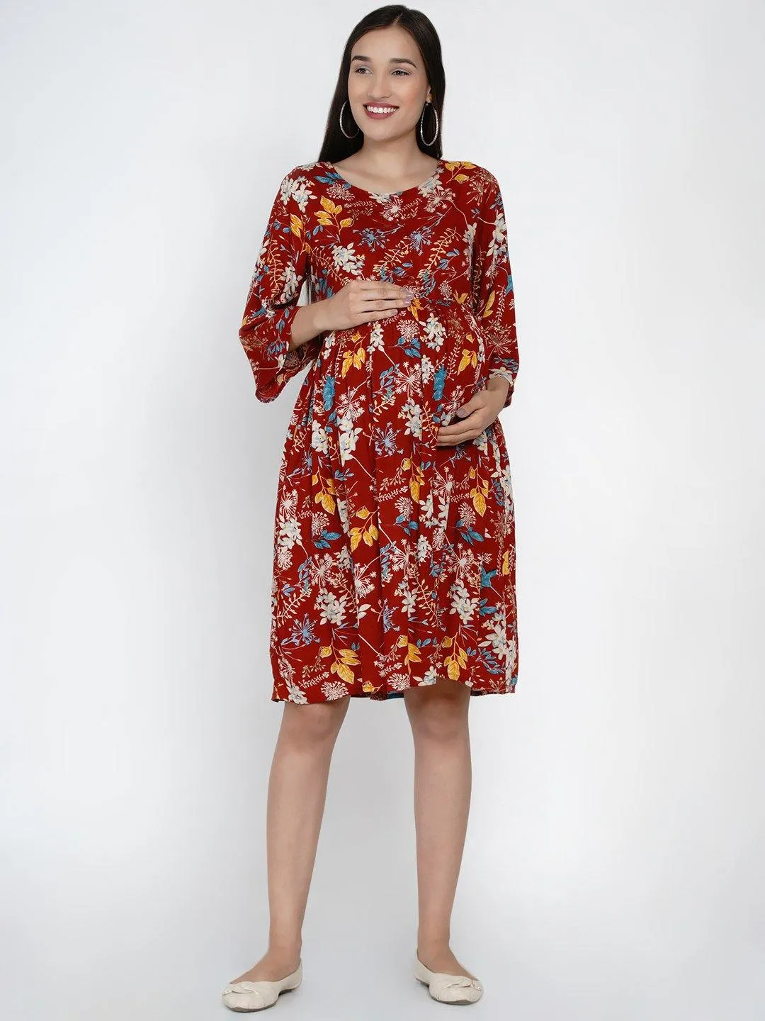 Maroon floral fit and flare Midi Rayon Maternity & Nursing Dress