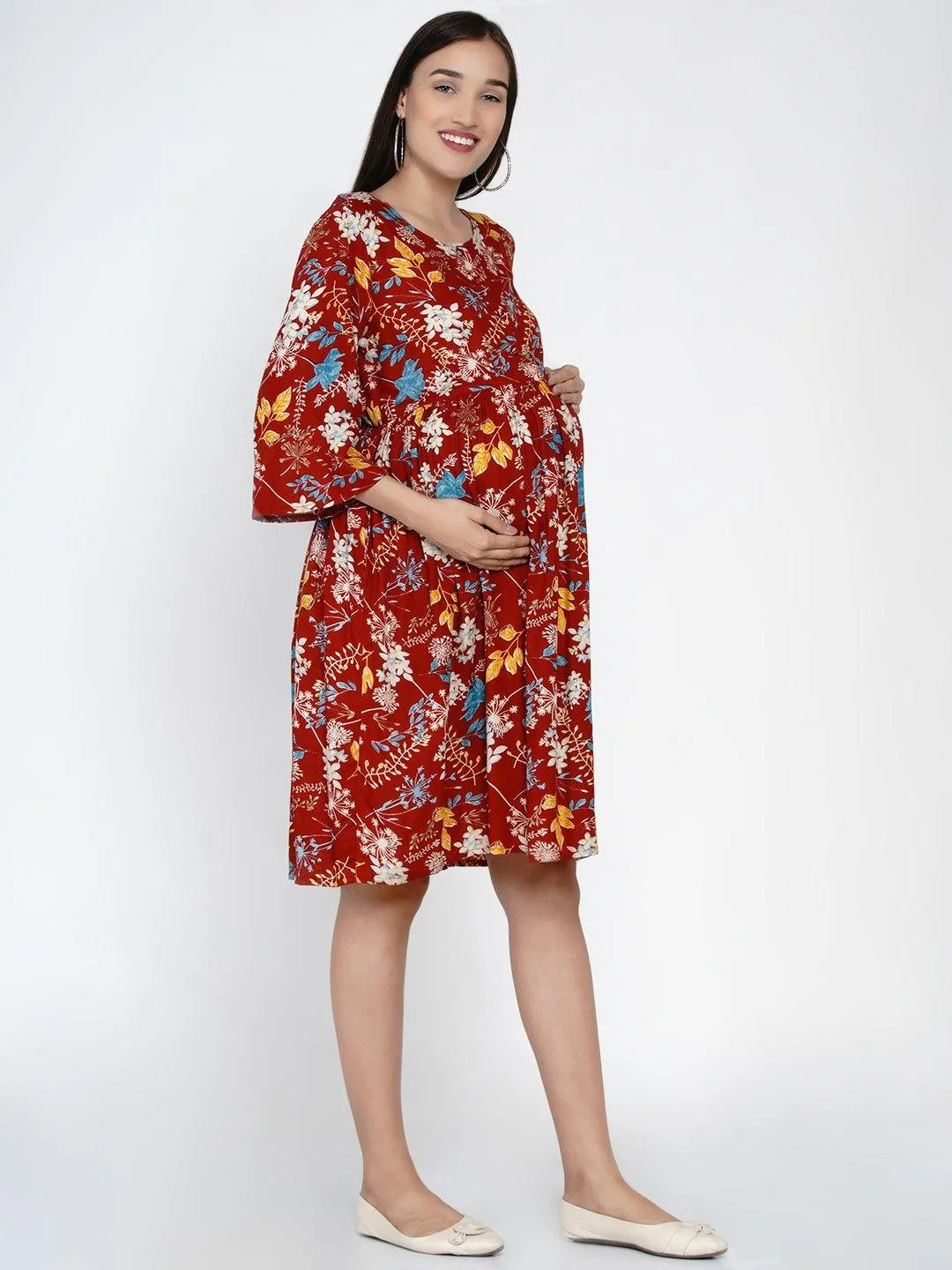 Maroon floral fit and flare Midi Rayon Maternity & Nursing Dress