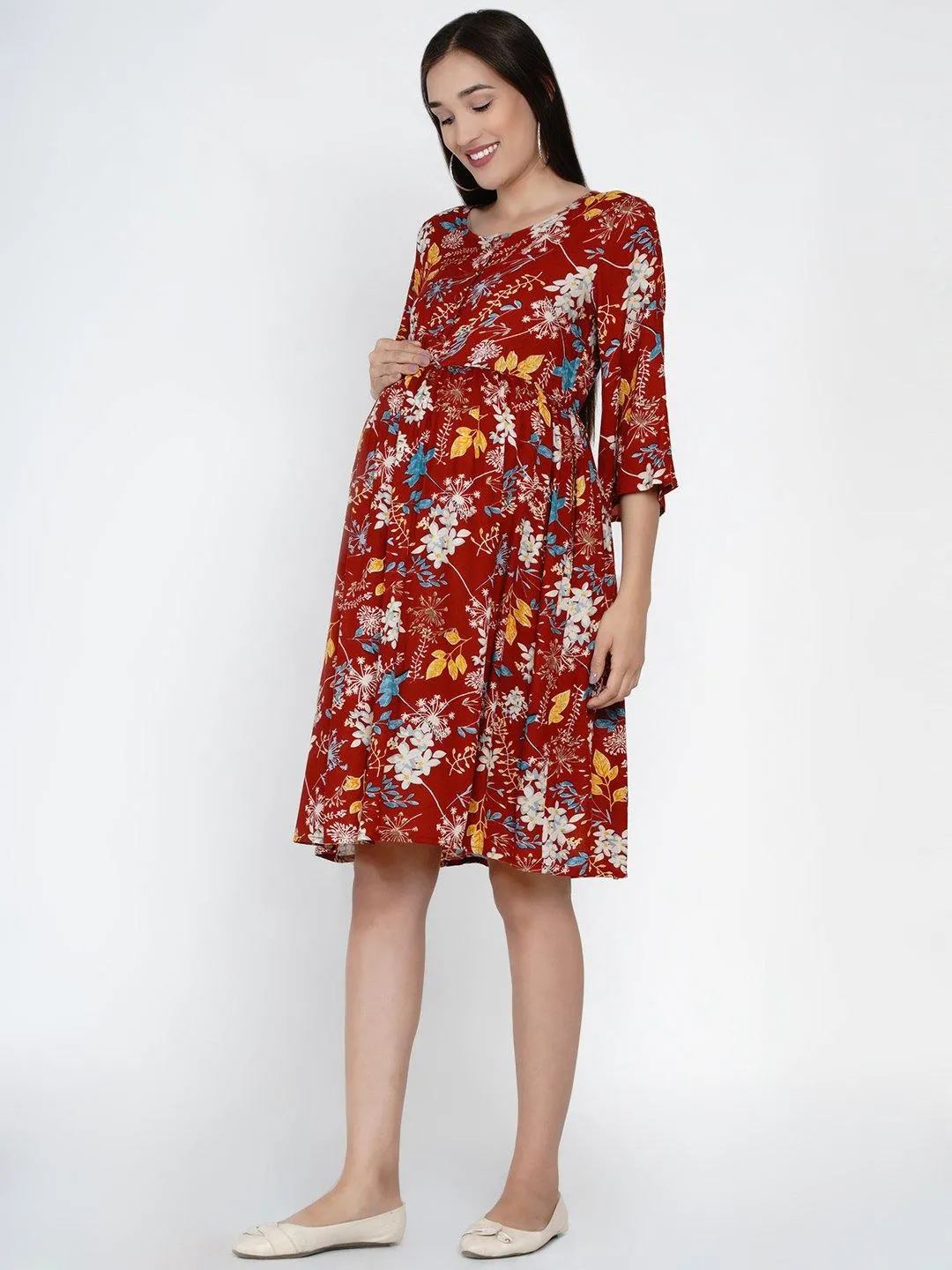 Maroon floral fit and flare Midi Rayon Maternity & Nursing Dress