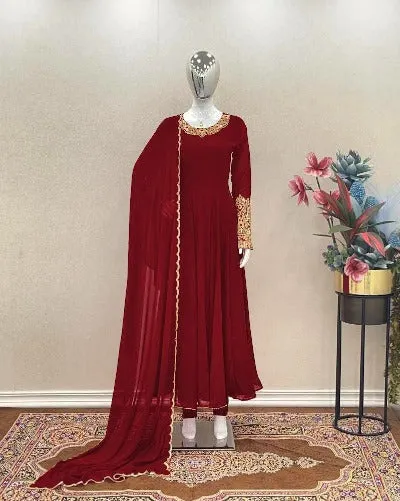 Maroon Georgette Partywear Anarkali Suit Set