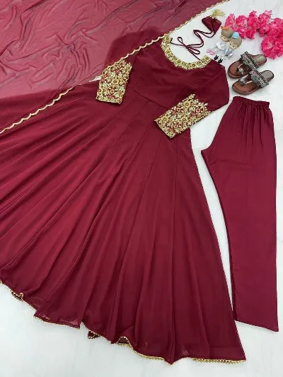 Maroon Georgette Partywear Anarkali Suit Set