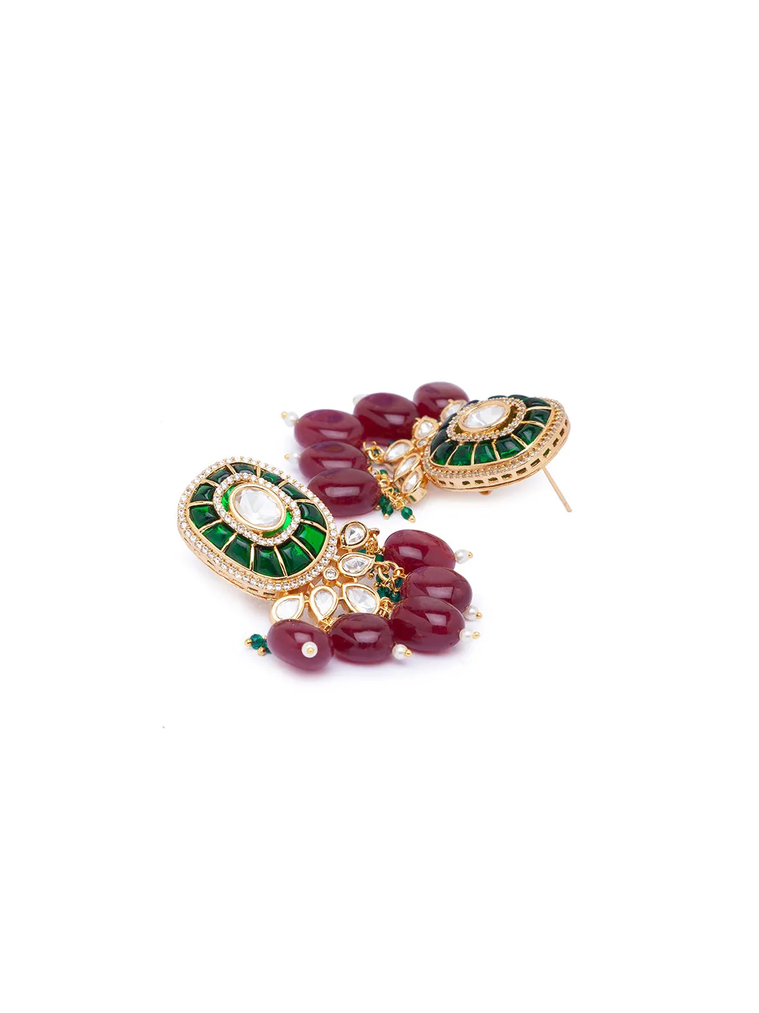 Maroon Green Gold Tone Kundan Earrings with Onyx