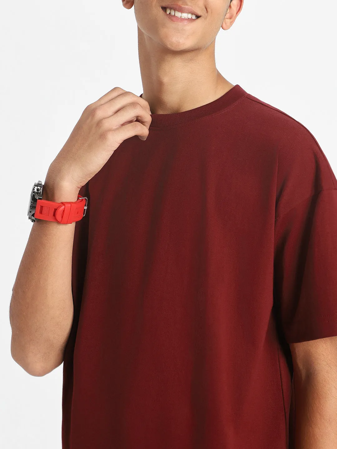 Maroon Oversized Solid Boys T-shirt