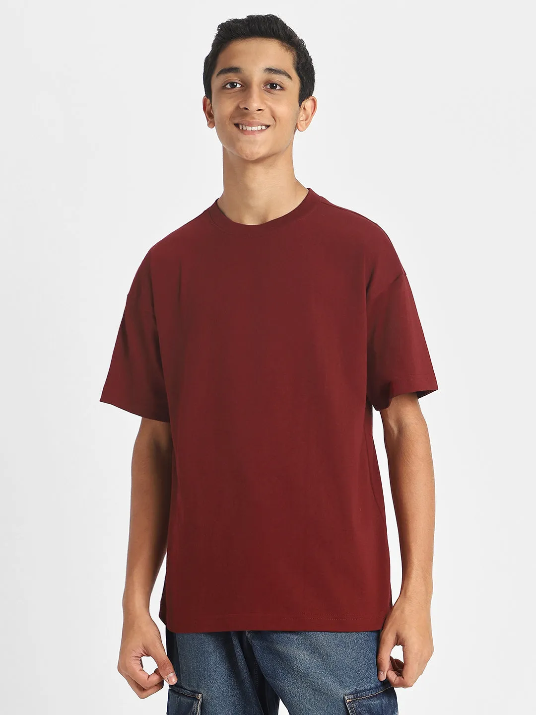 Maroon Oversized Solid Boys T-shirt