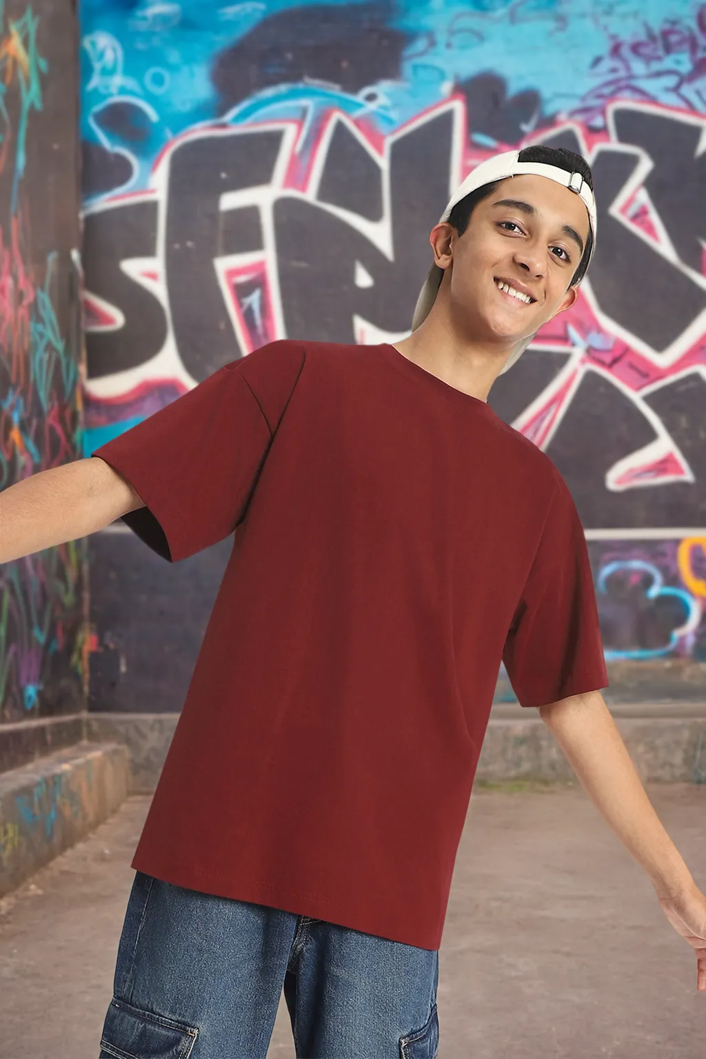 Maroon Oversized Solid Boys T-shirt