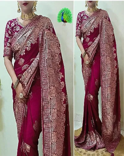 Maroon Soft Dola Silk Beautifully Woven Saree