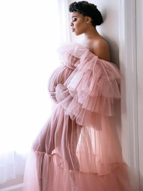 Maternity Wedding Dress Strapless Open Shoulder Lace-Up Tulle Long Bridge Gowns With Train