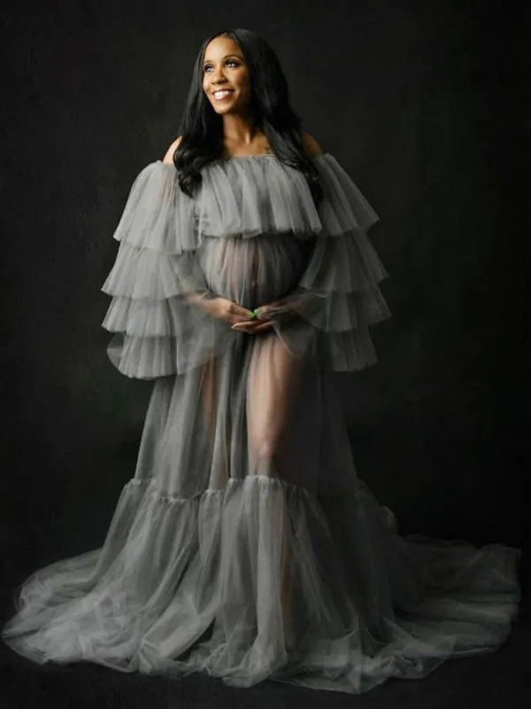 Maternity Wedding Dress Strapless Open Shoulder Lace-Up Tulle Long Bridge Gowns With Train