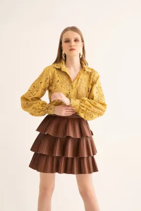 Mellow-Yellow Cut Work Shirt and Brown Skirt Co-ord Set