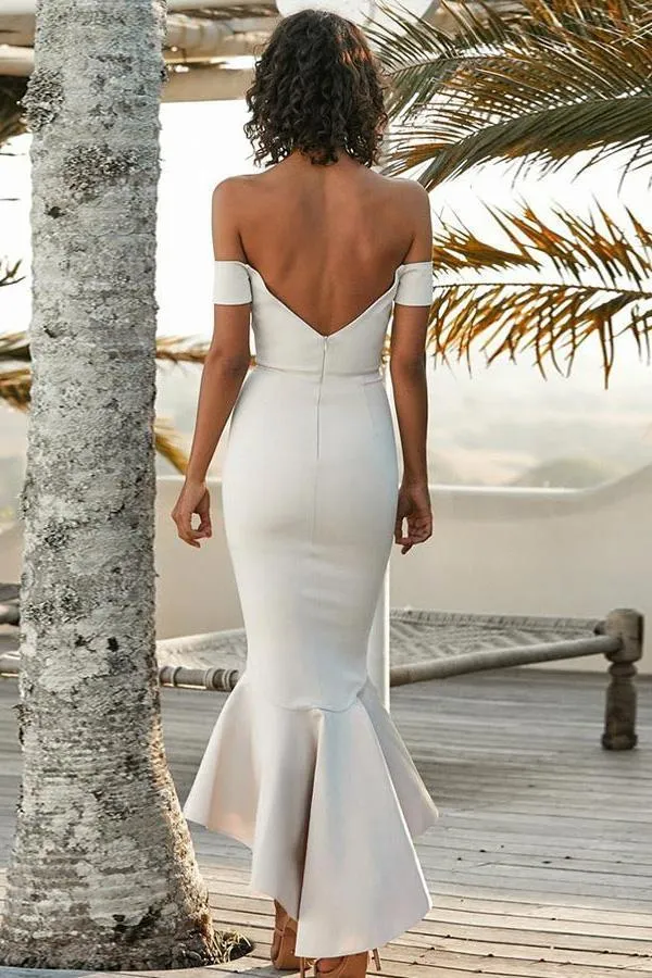 Mermaid Off the Shoulder Sweetheart Ivory Satin Open Back Ruffles Bridesmaid Dresses