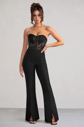 Mimi | Black Strapless Lace Corset Flared Leg Jumpsuit