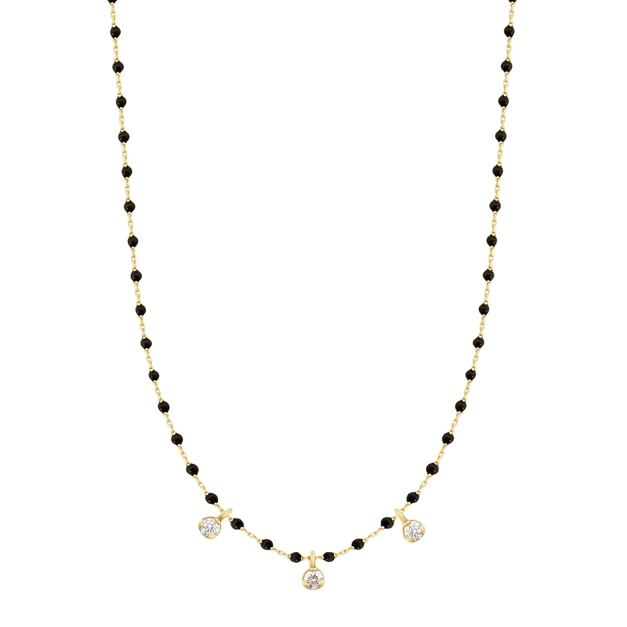 Mini Gigi Black necklace, Yellow Gold 3 diamond, 16.5"