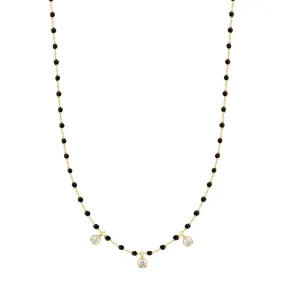 Mini Gigi Black necklace, Yellow Gold 3 diamond, 16.5"