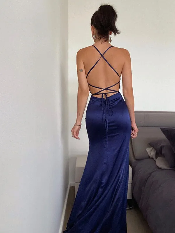 Navy Blue Mermaid Prom Dress Split