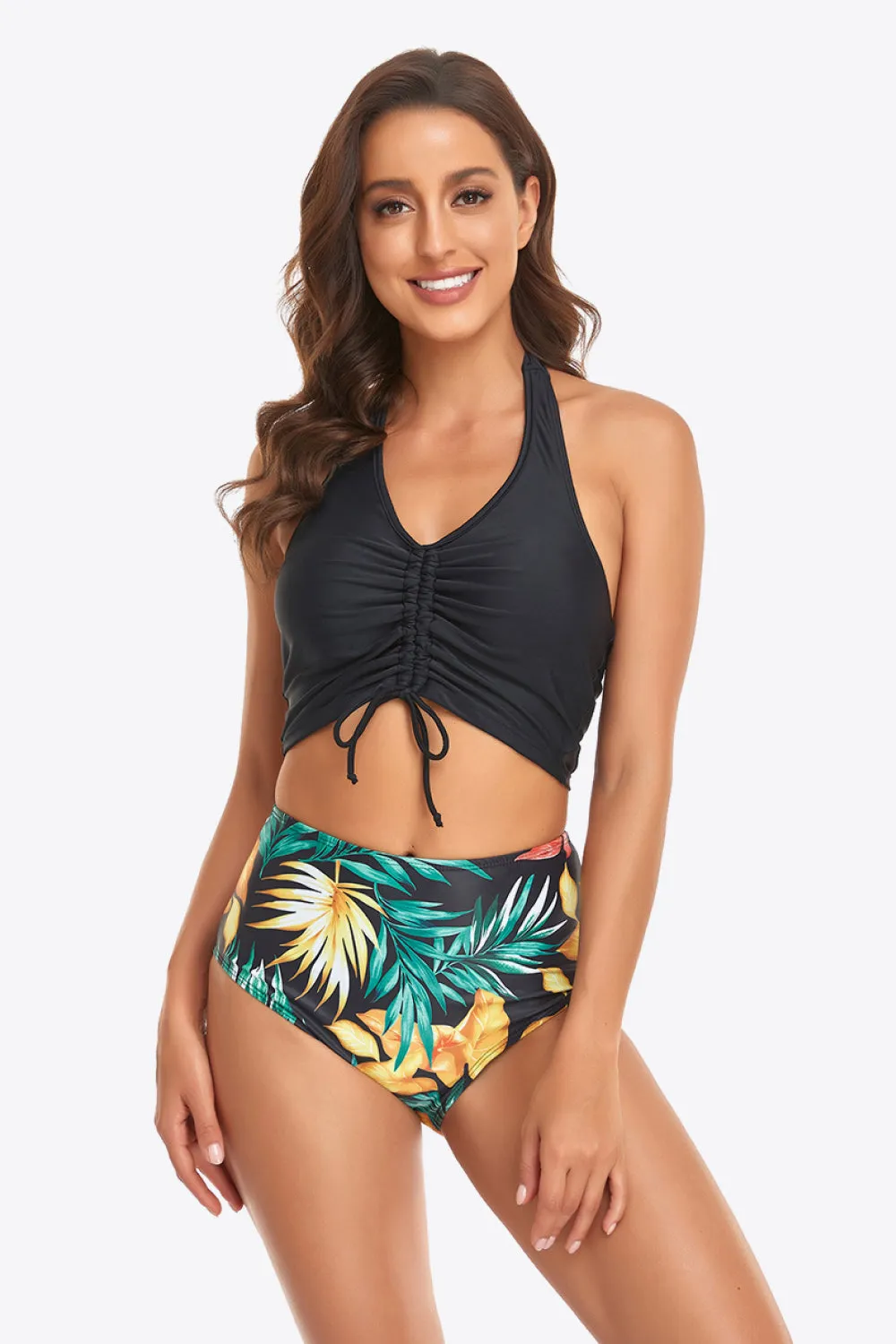 Neckholder-Bikini-Set mit Kordelzug-Detail und botanischem Print