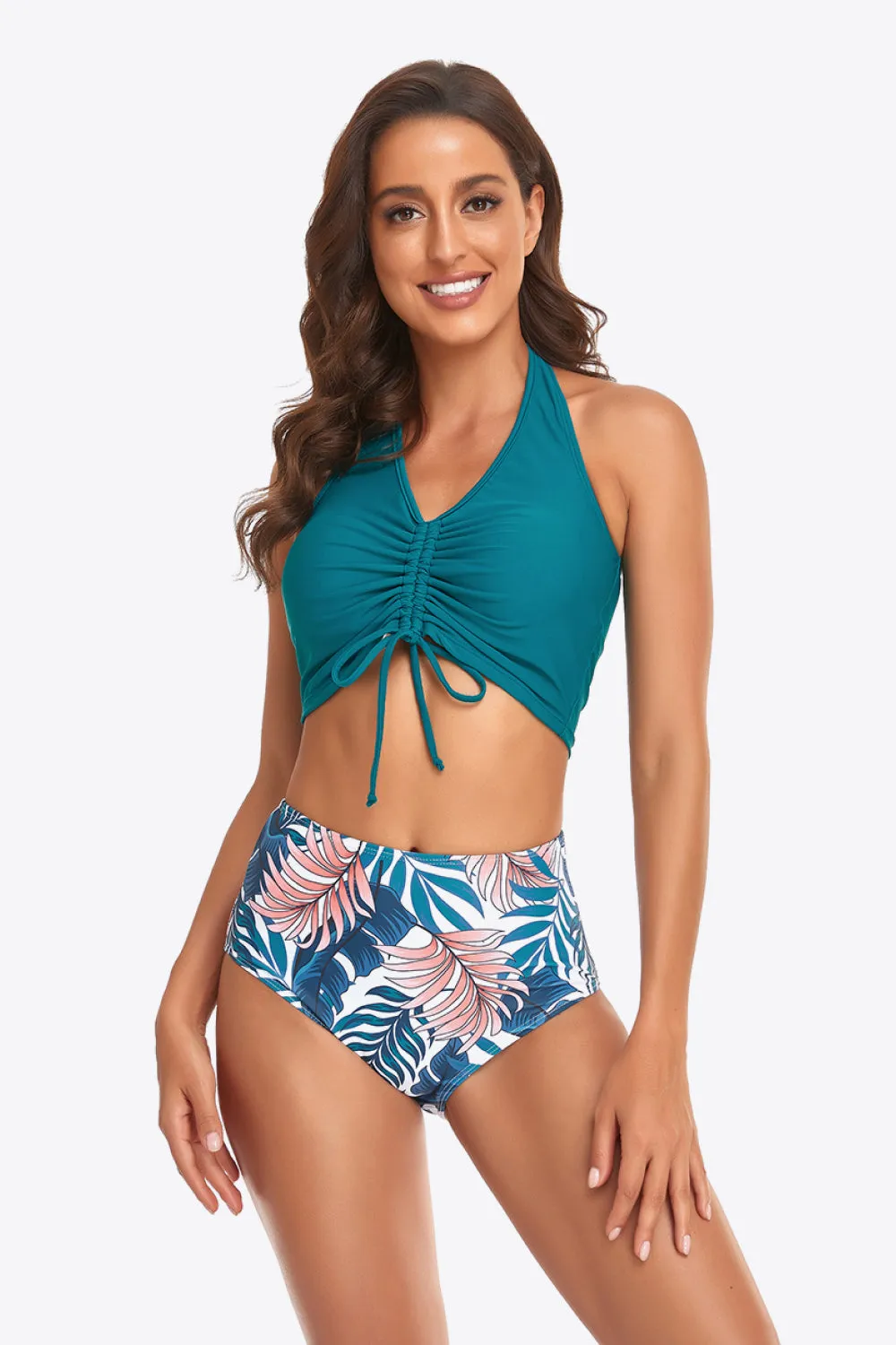 Neckholder-Bikini-Set mit Kordelzug-Detail und botanischem Print