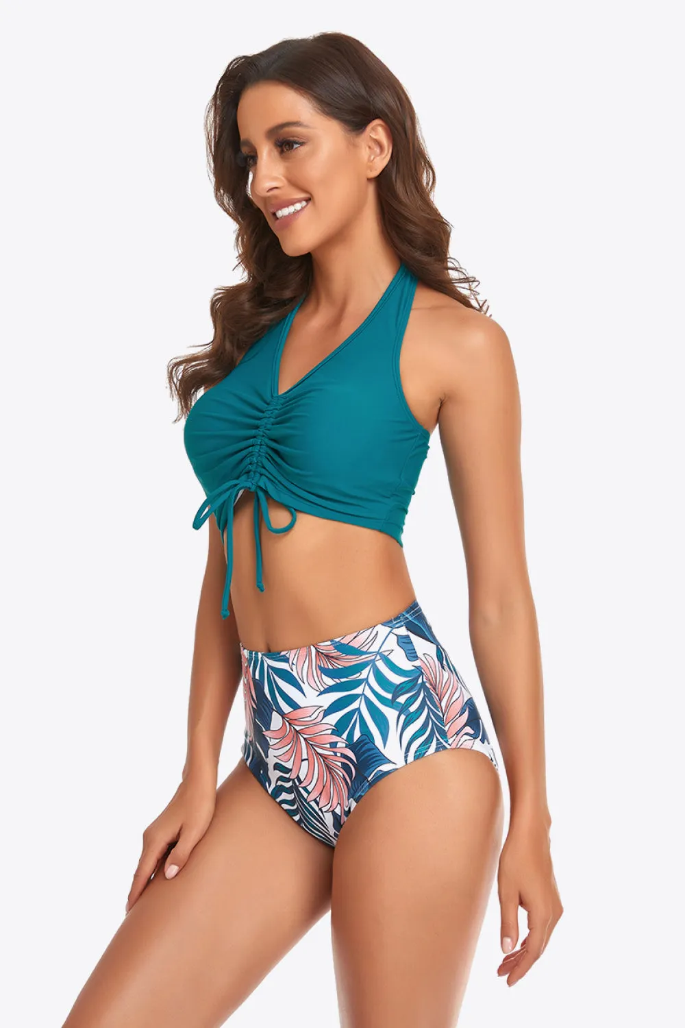 Neckholder-Bikini-Set mit Kordelzug-Detail und botanischem Print