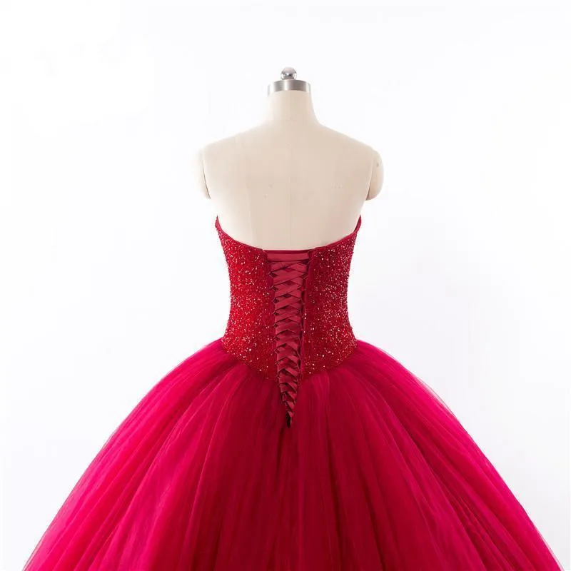 New Style Red Tulle Lace up Sweetheart Strapless Beads Ball Gown Prom Quinceanera Dress