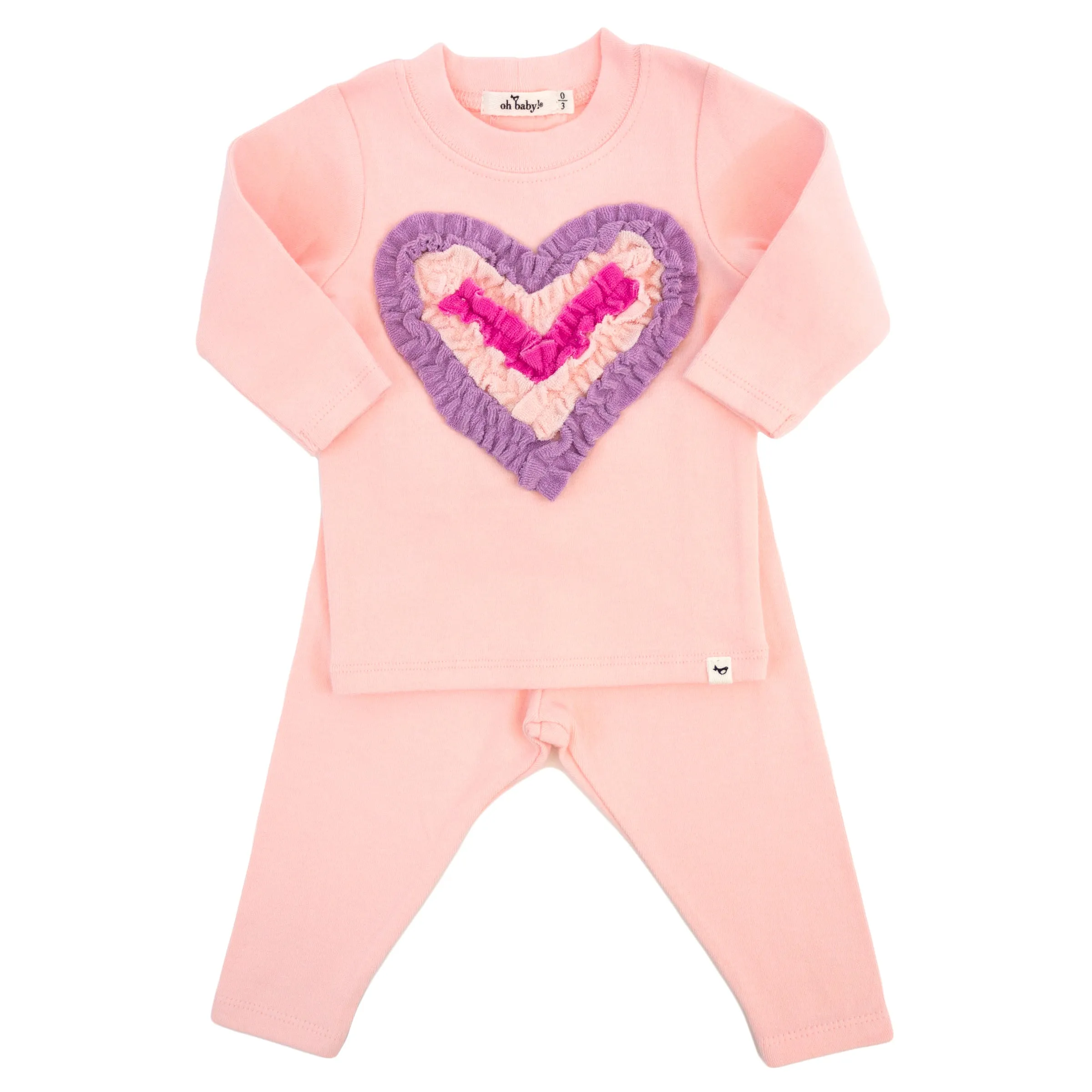 oh baby! Two Piece Set - Multicolor Terry Ruffle Heart Applique - Pale Pink