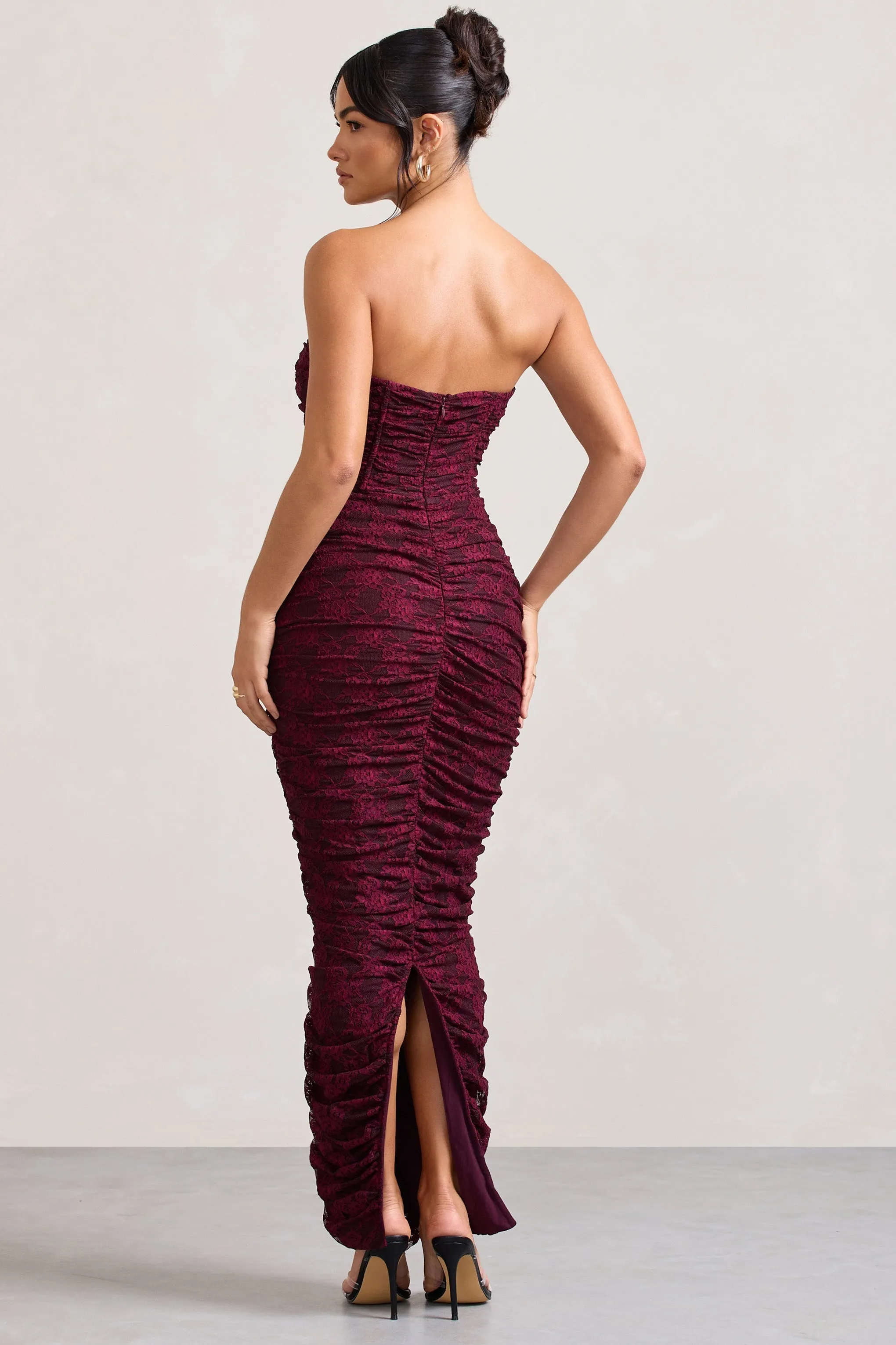 Paparazzi | Burgundy Ruched Lace Strapless Bandeau Maxi Dress