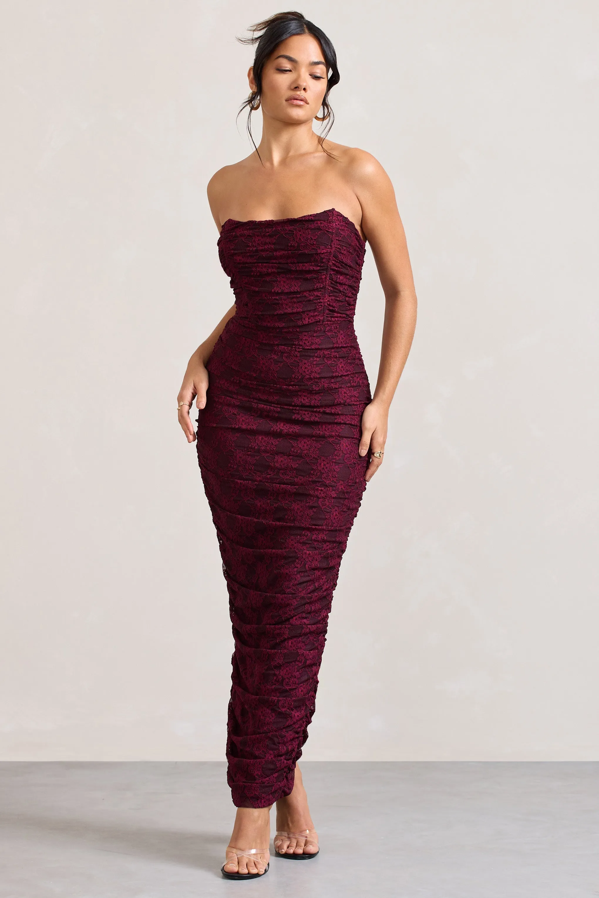 Paparazzi | Burgundy Ruched Lace Strapless Bandeau Maxi Dress