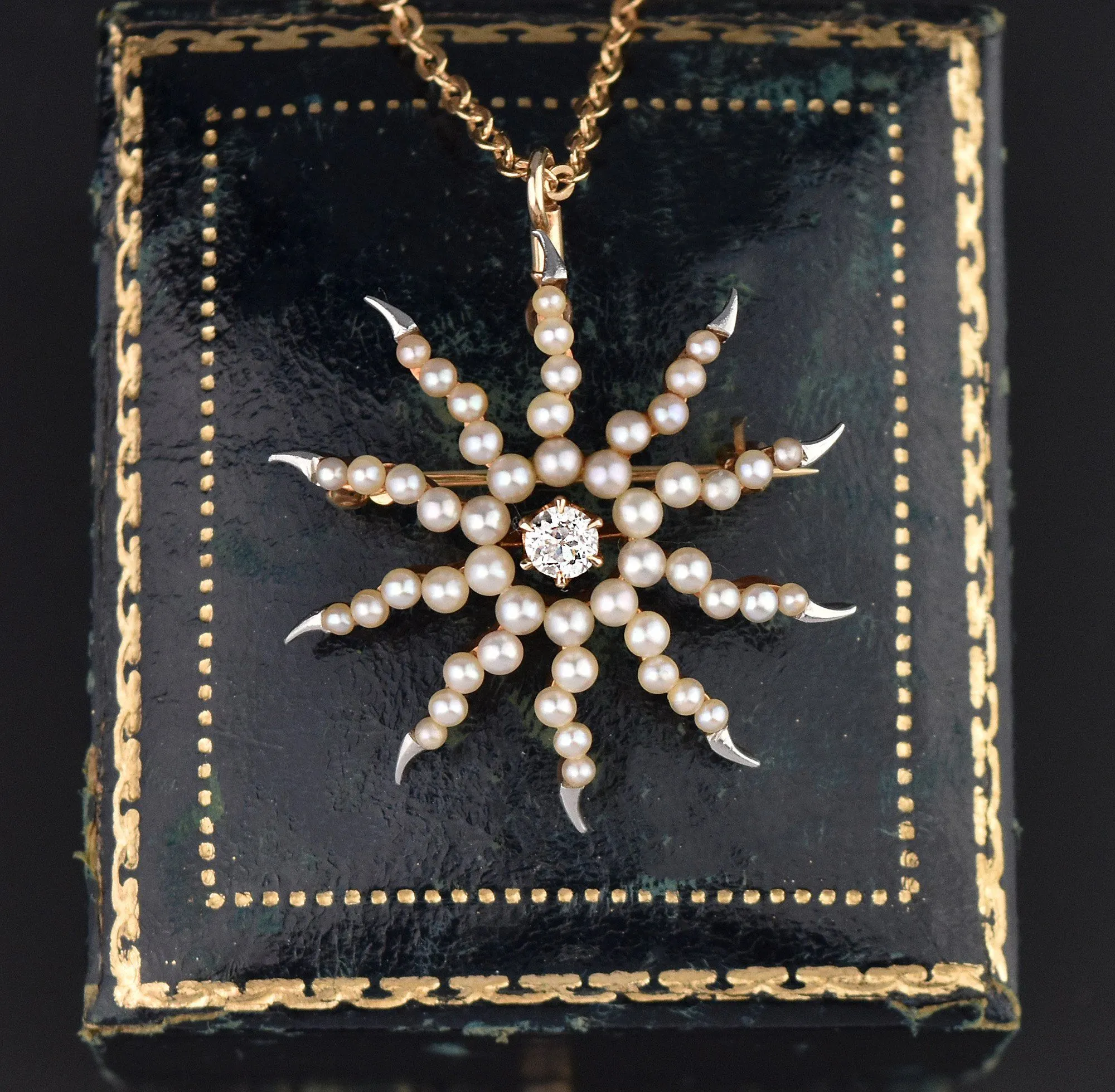 Pearl Diamond Starburst Gold Platinum Brooch Pendant