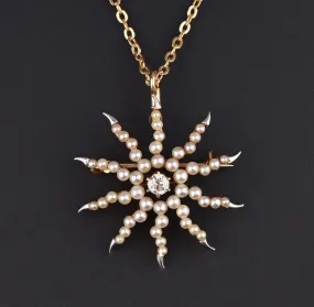 Pearl Diamond Starburst Gold Platinum Brooch Pendant