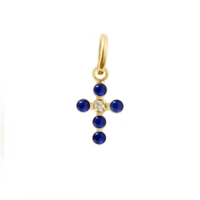 Pearled Cross Diamond Pendant, Lapis, Yellow Gold