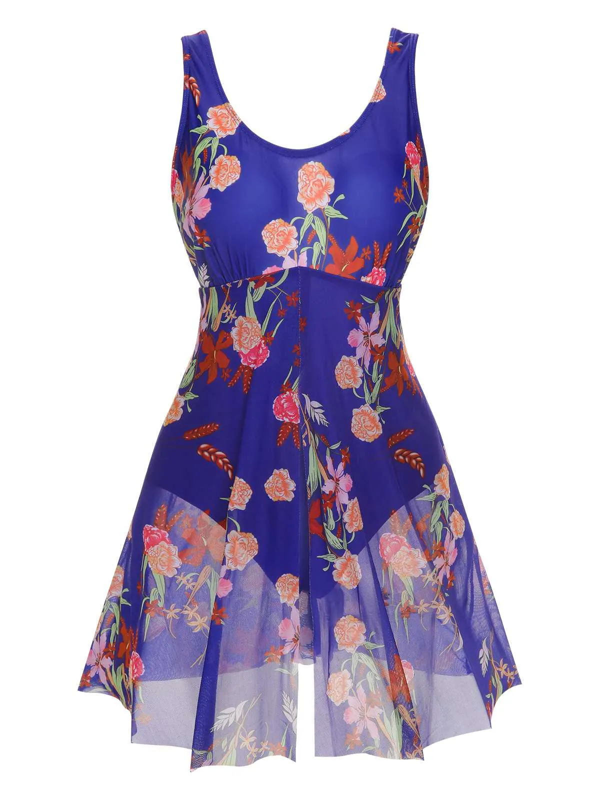 [Plus Size] 1940s Strap Print One-Piece Skirt Swimsuit