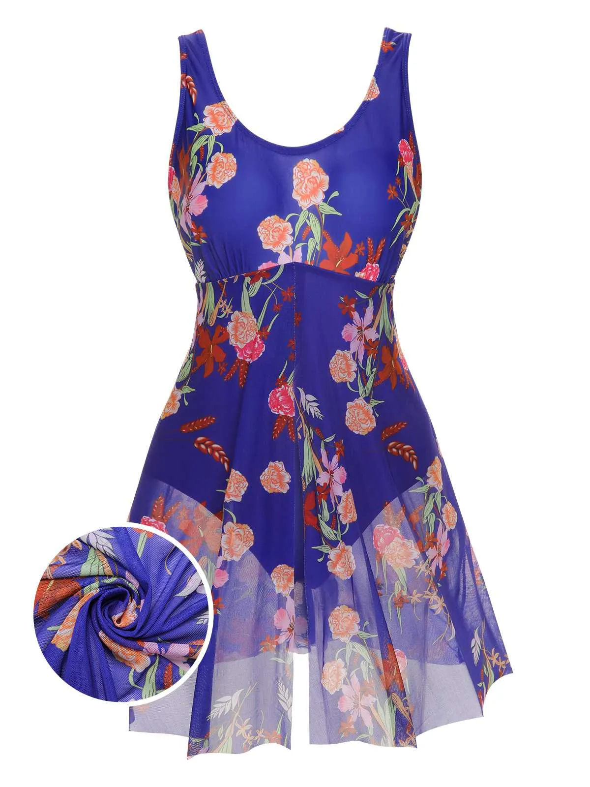 [Plus Size] 1940s Strap Print One-Piece Skirt Swimsuit