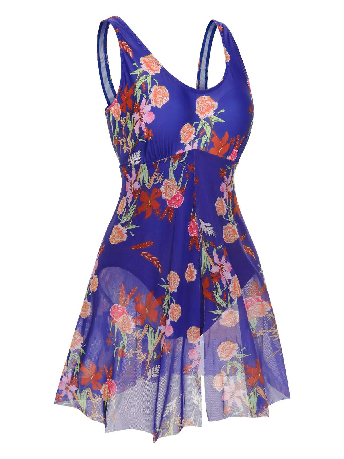 [Plus Size] 1940s Strap Print One-Piece Skirt Swimsuit