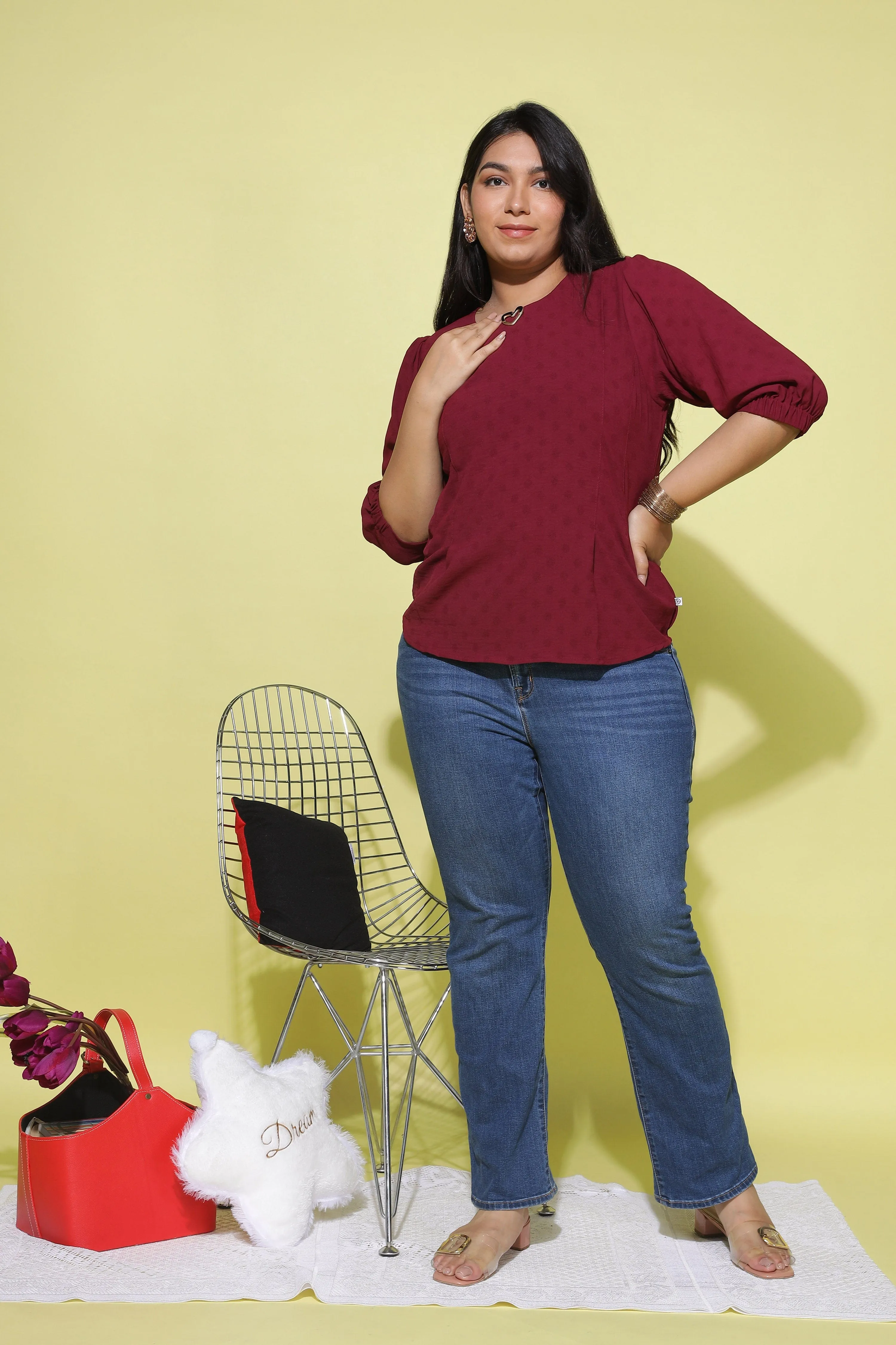 Polyester Blend Top Round Neck Maroon