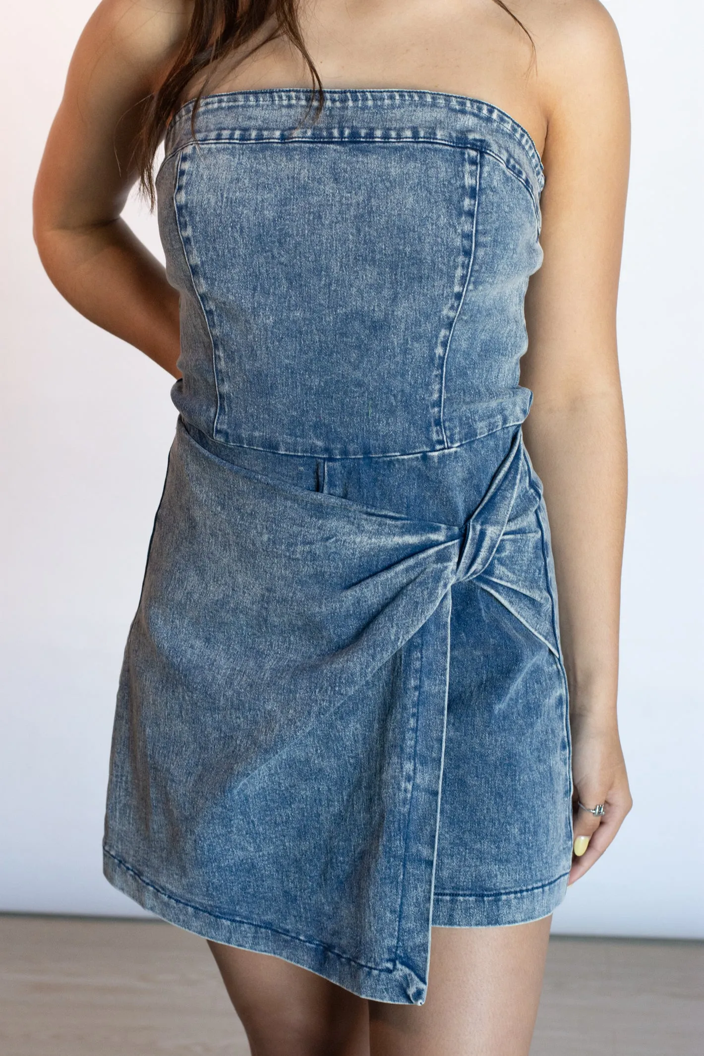 PRE-ORDER: Spin You Around Denim Strapless Romper