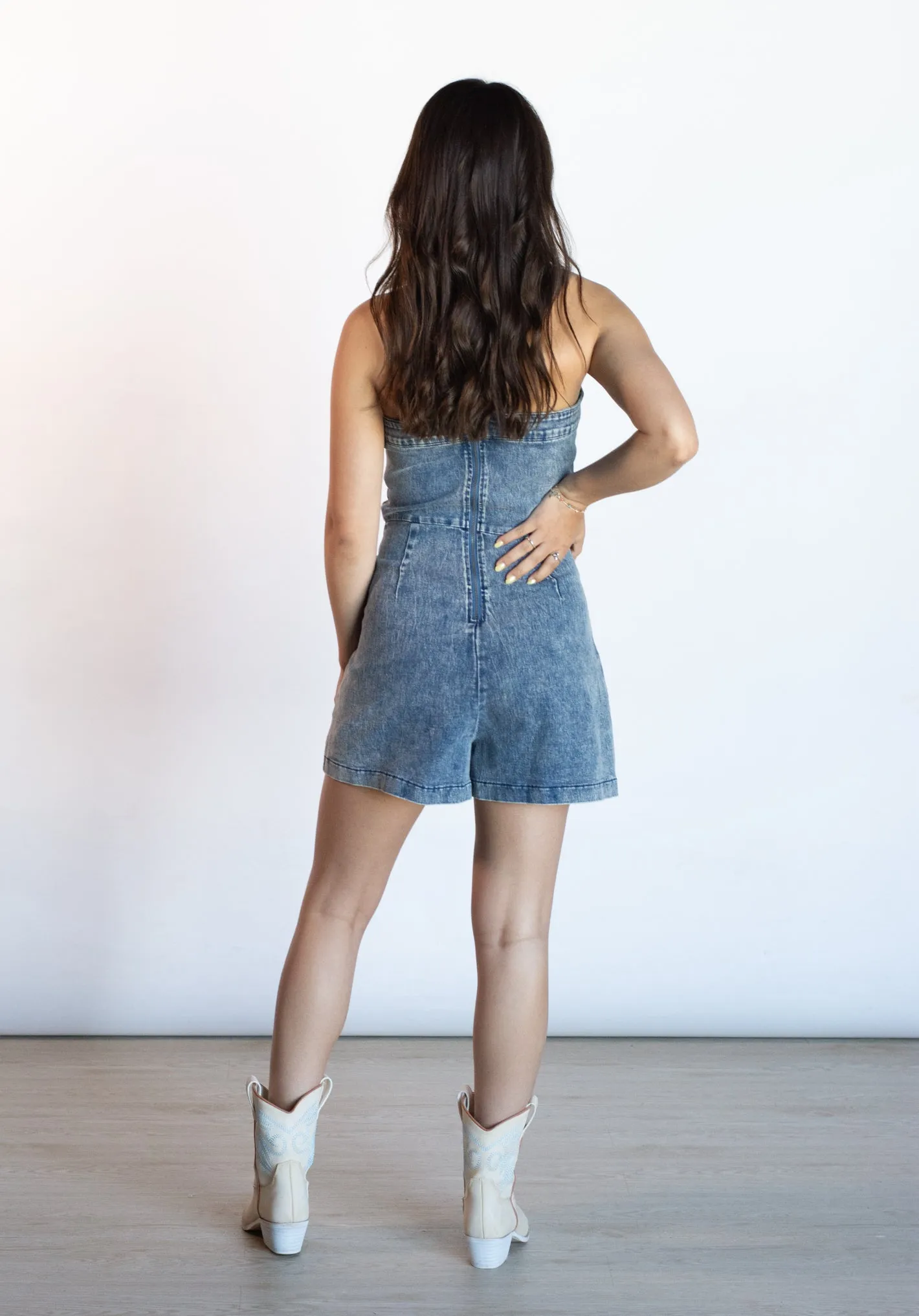 PRE-ORDER: Spin You Around Denim Strapless Romper