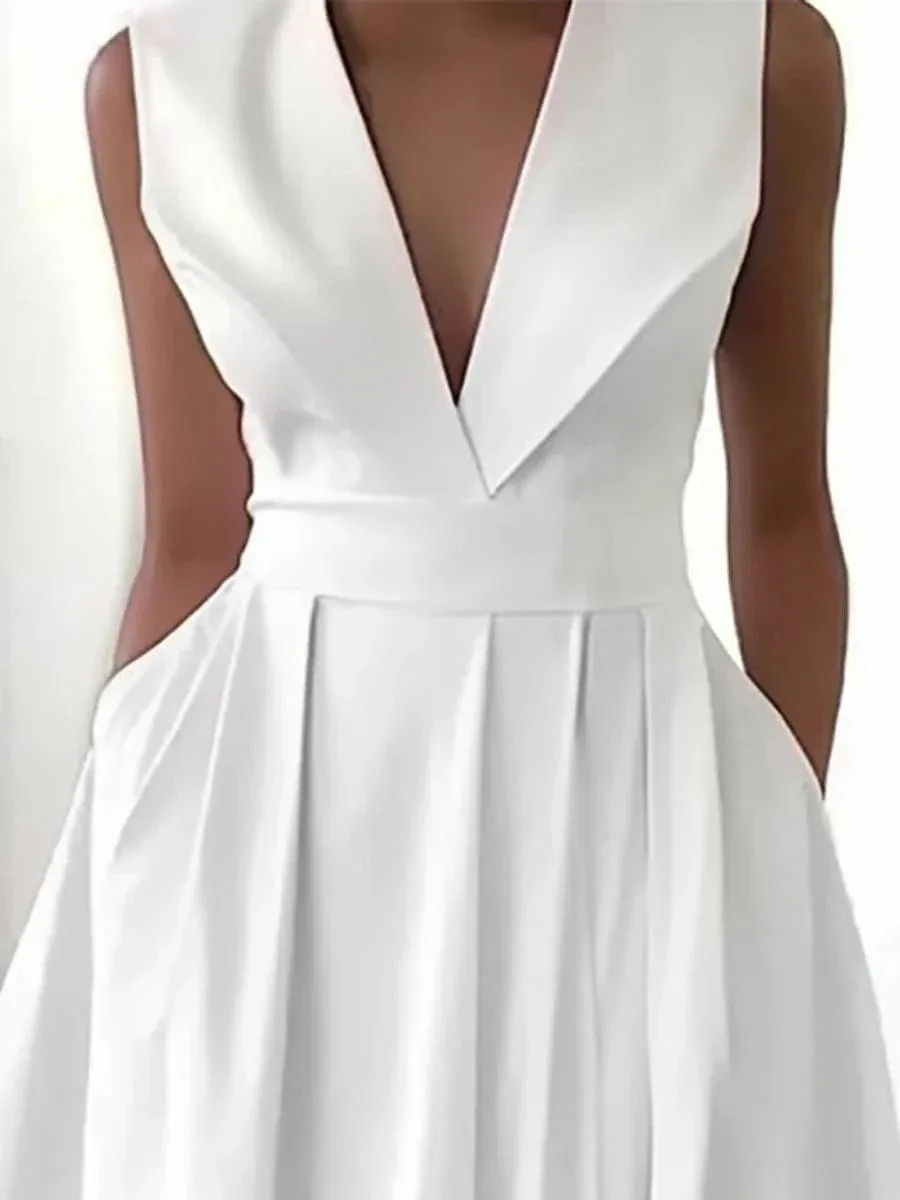 Pure White Sleeveless Midi Swing Dress for Women - Elegant and Comfortable