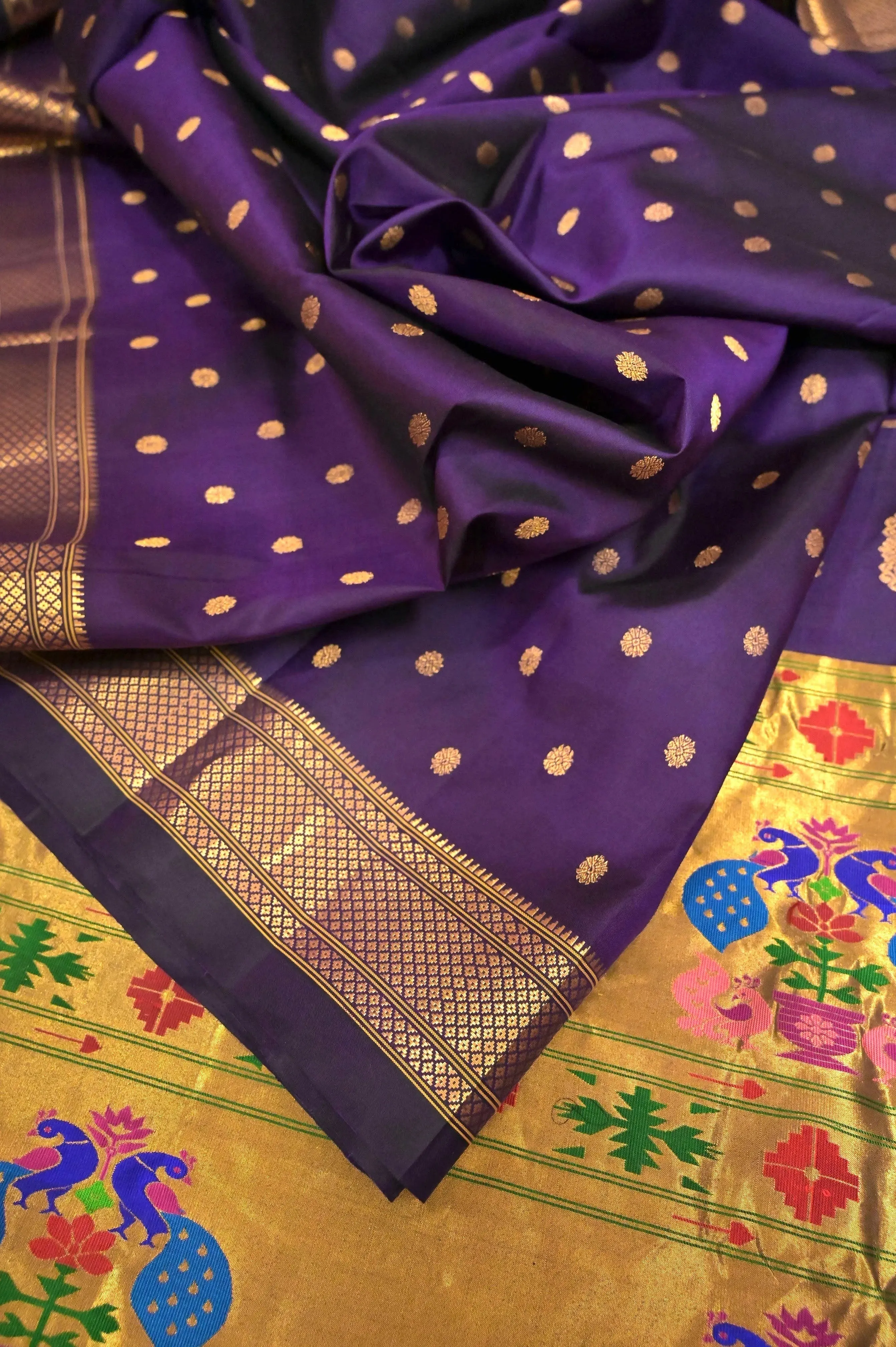 Purple Color Pure Maharani Paithani Silk Saree with Golden Zari Butta