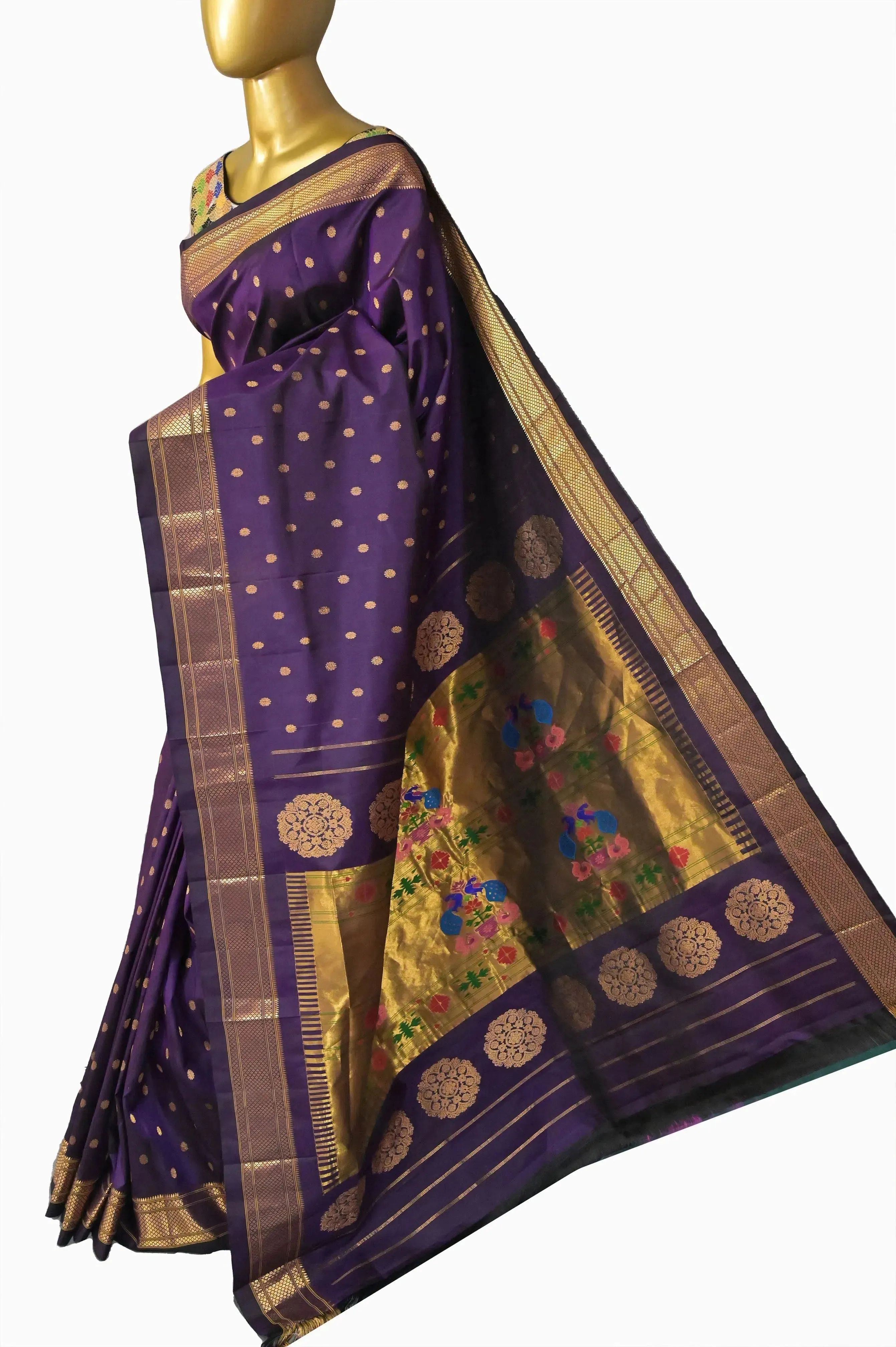 Purple Color Pure Maharani Paithani Silk Saree with Golden Zari Butta