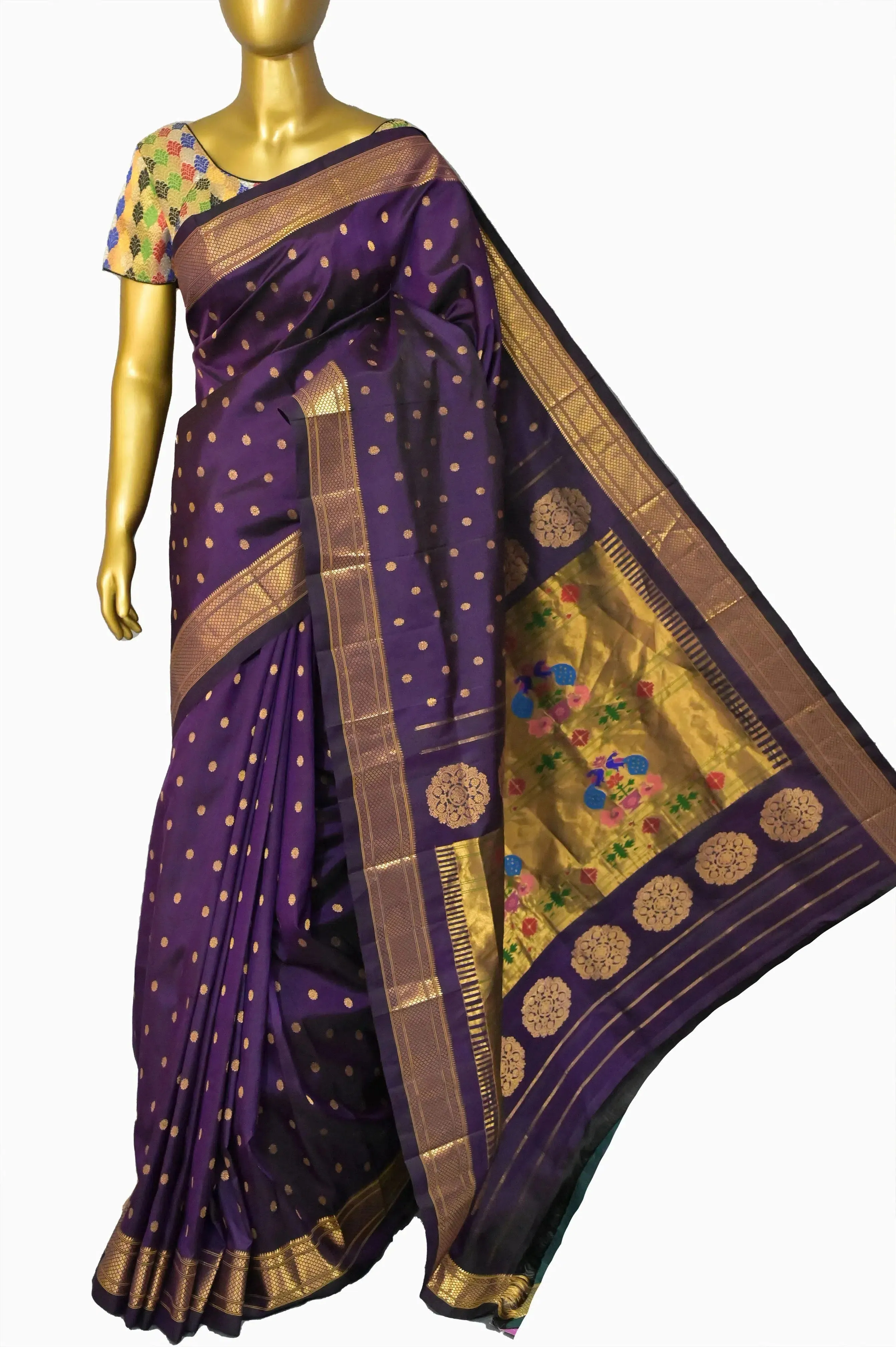 Purple Color Pure Maharani Paithani Silk Saree with Golden Zari Butta