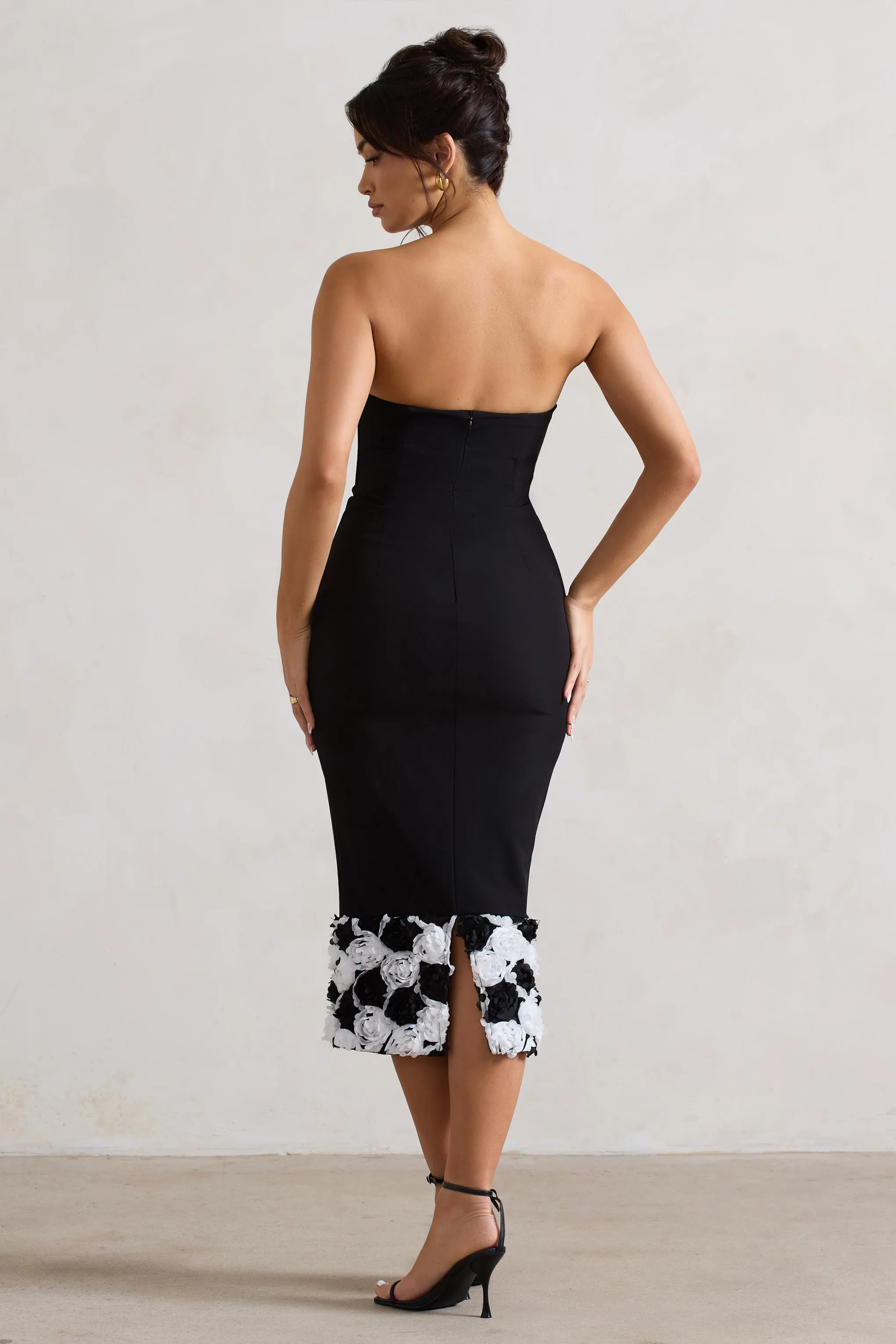 Ramona | Black Bodycon Sweetheart Midi Dress With Floral Trim