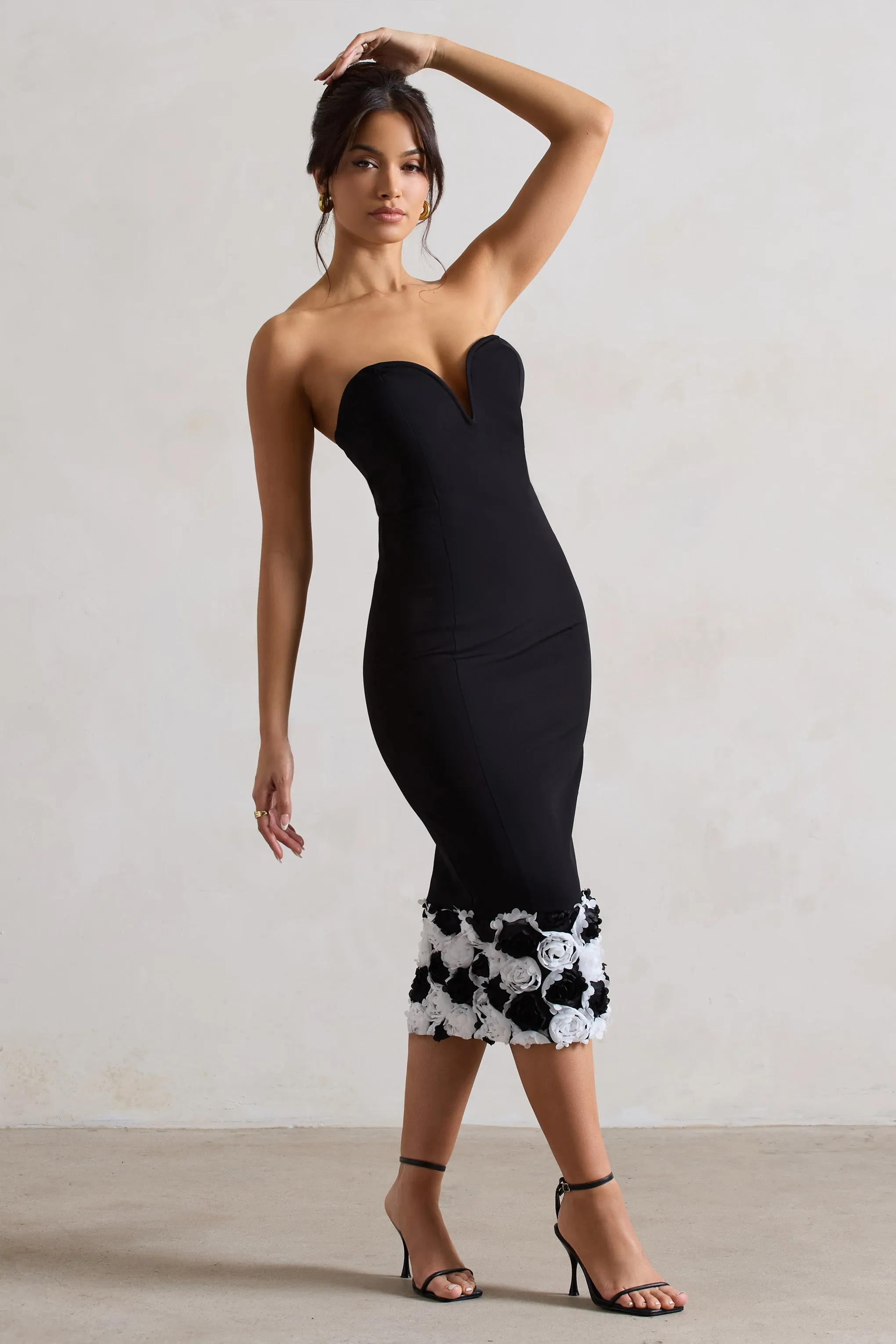 Ramona | Black Bodycon Sweetheart Midi Dress With Floral Trim