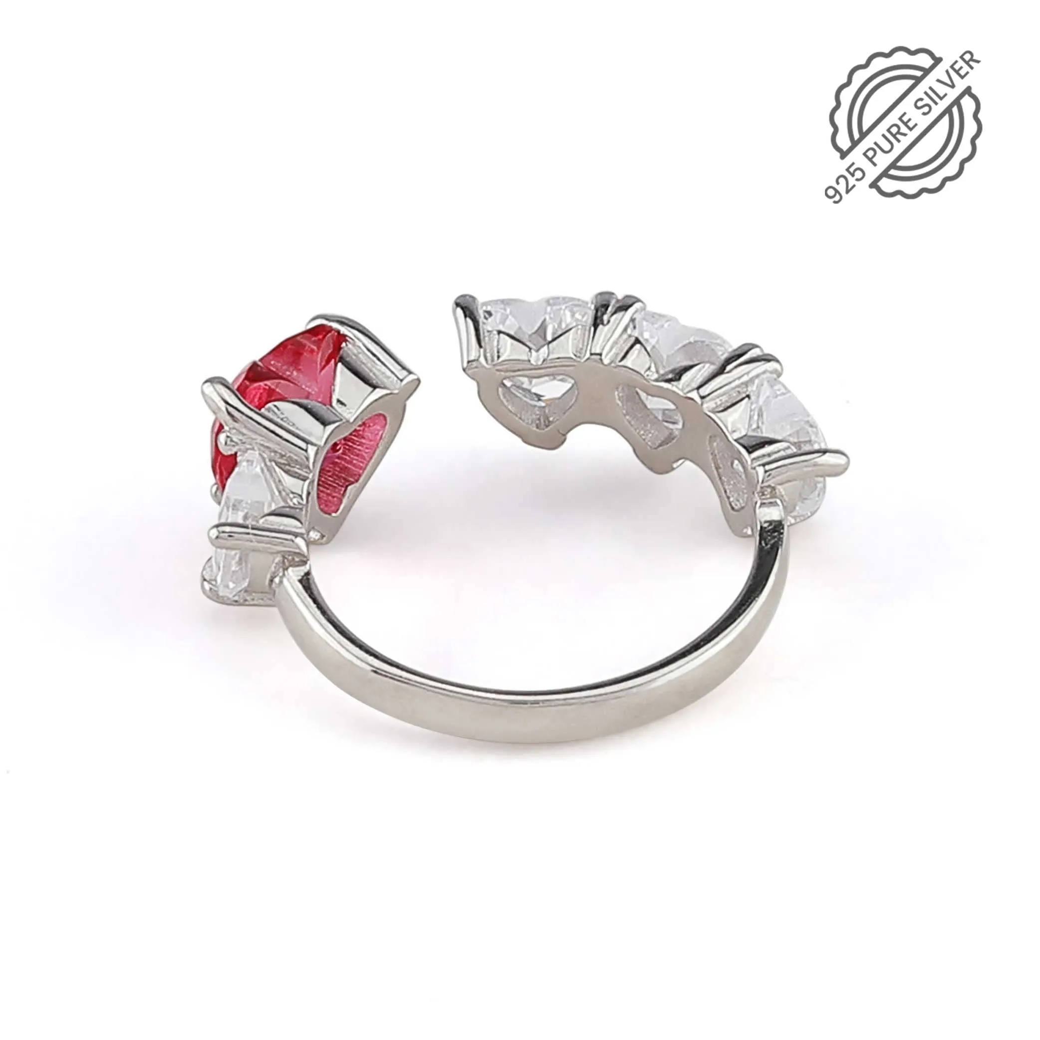 Red Heart Pure Silver Ring with AD