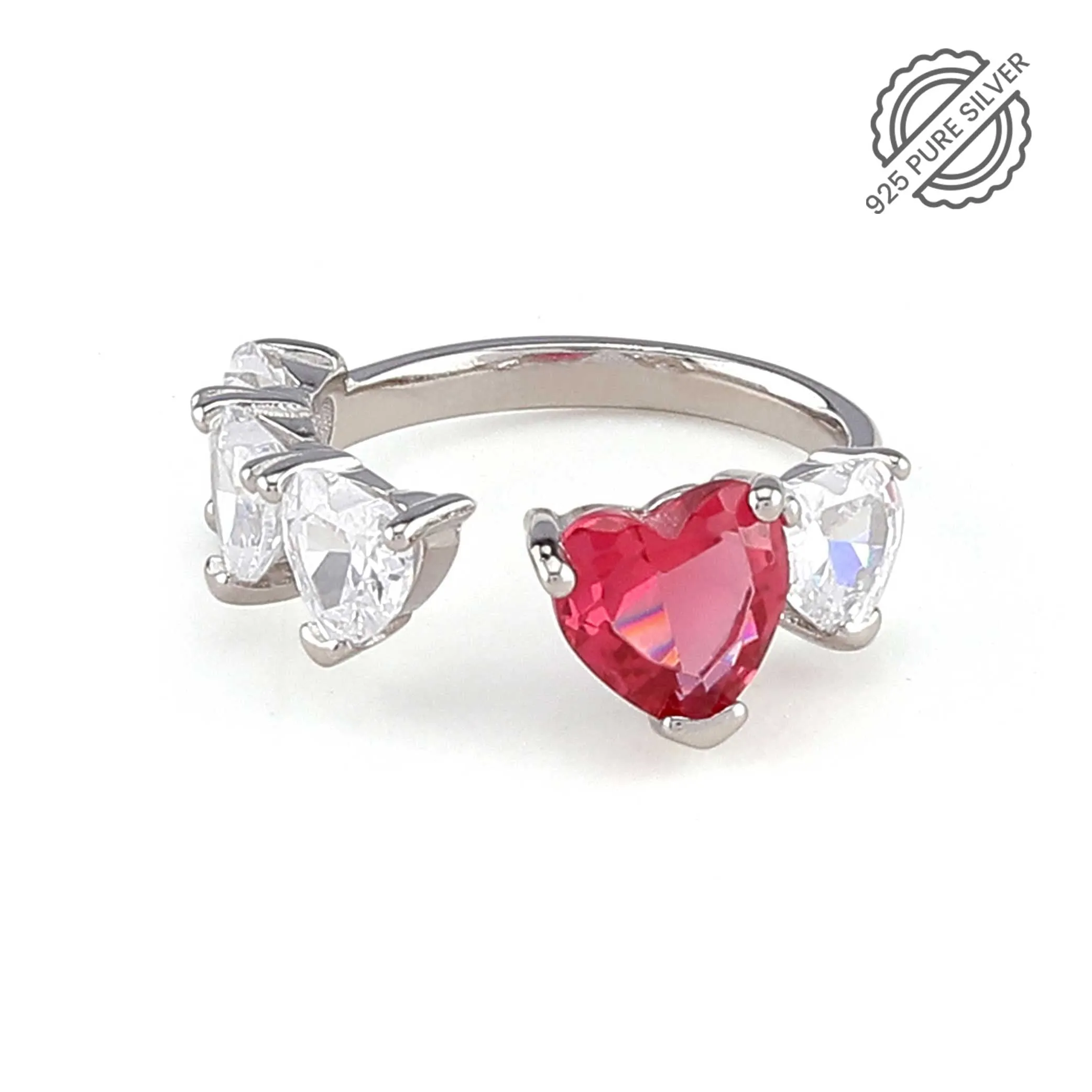 Red Heart Pure Silver Ring with AD