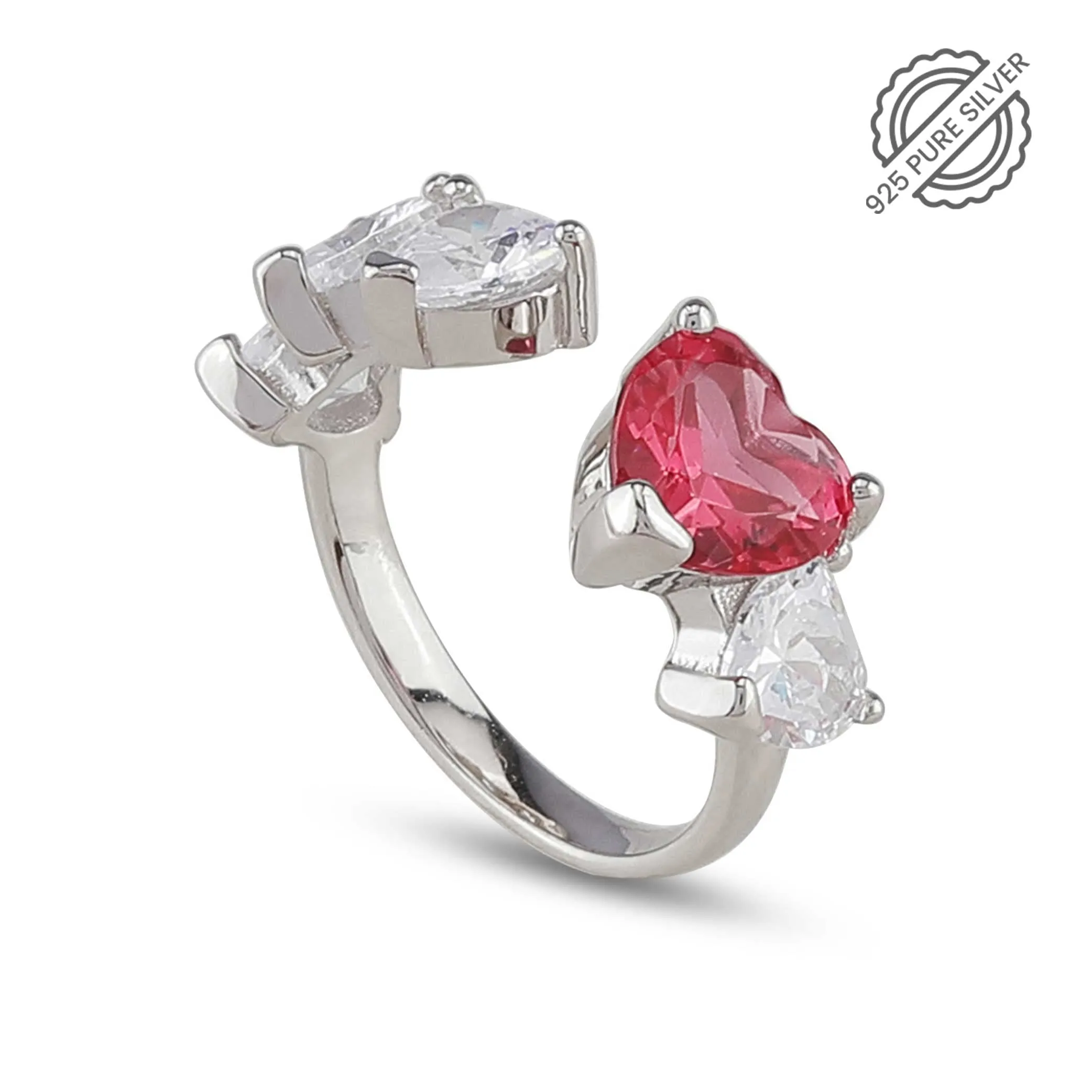 Red Heart Pure Silver Ring with AD