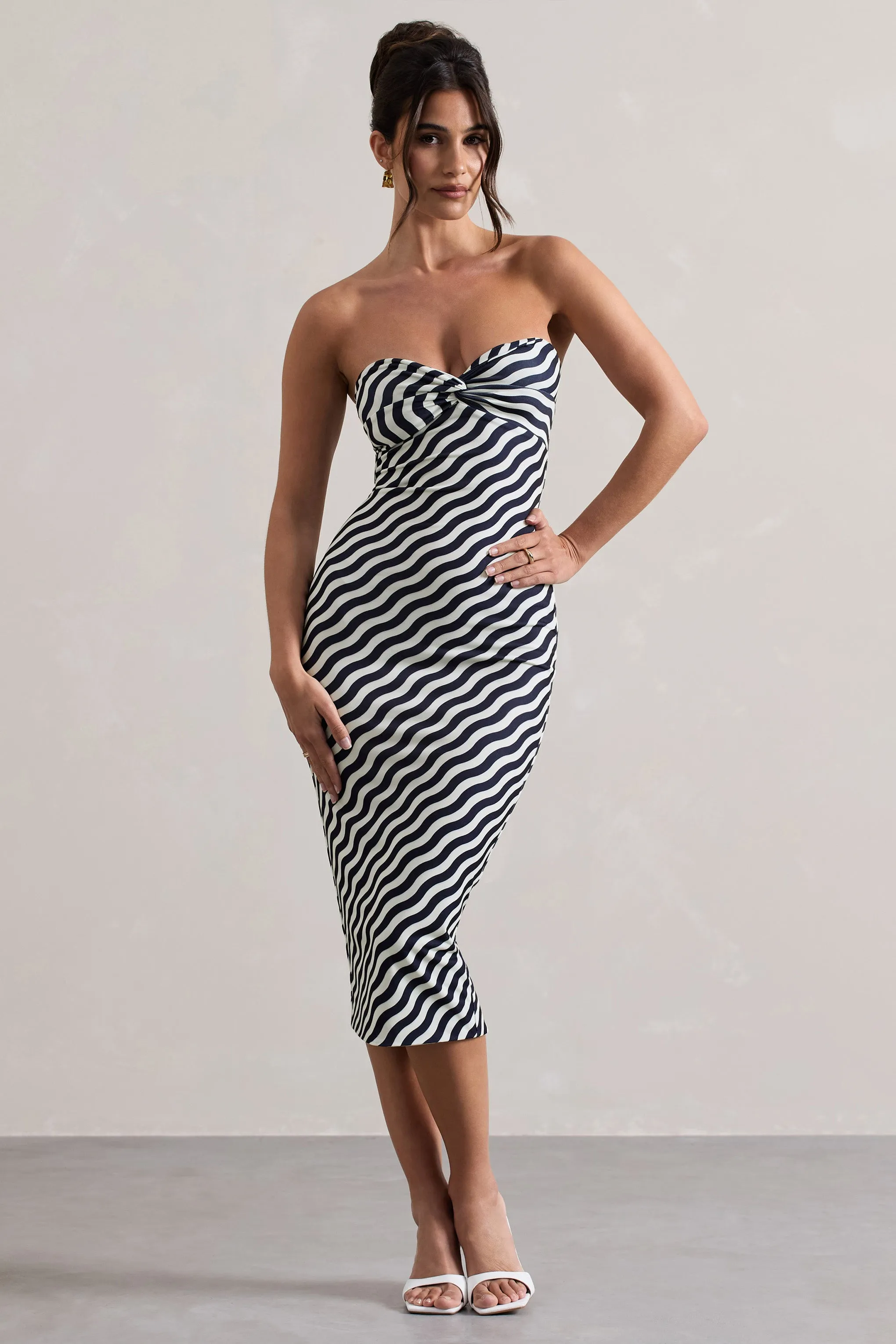 Reese | Navy Wave Print Strapless Midi Dress