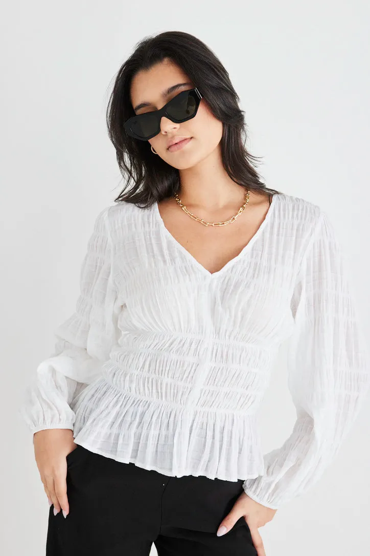 Renaissance White Shirred Cotton V Neck Ls Top