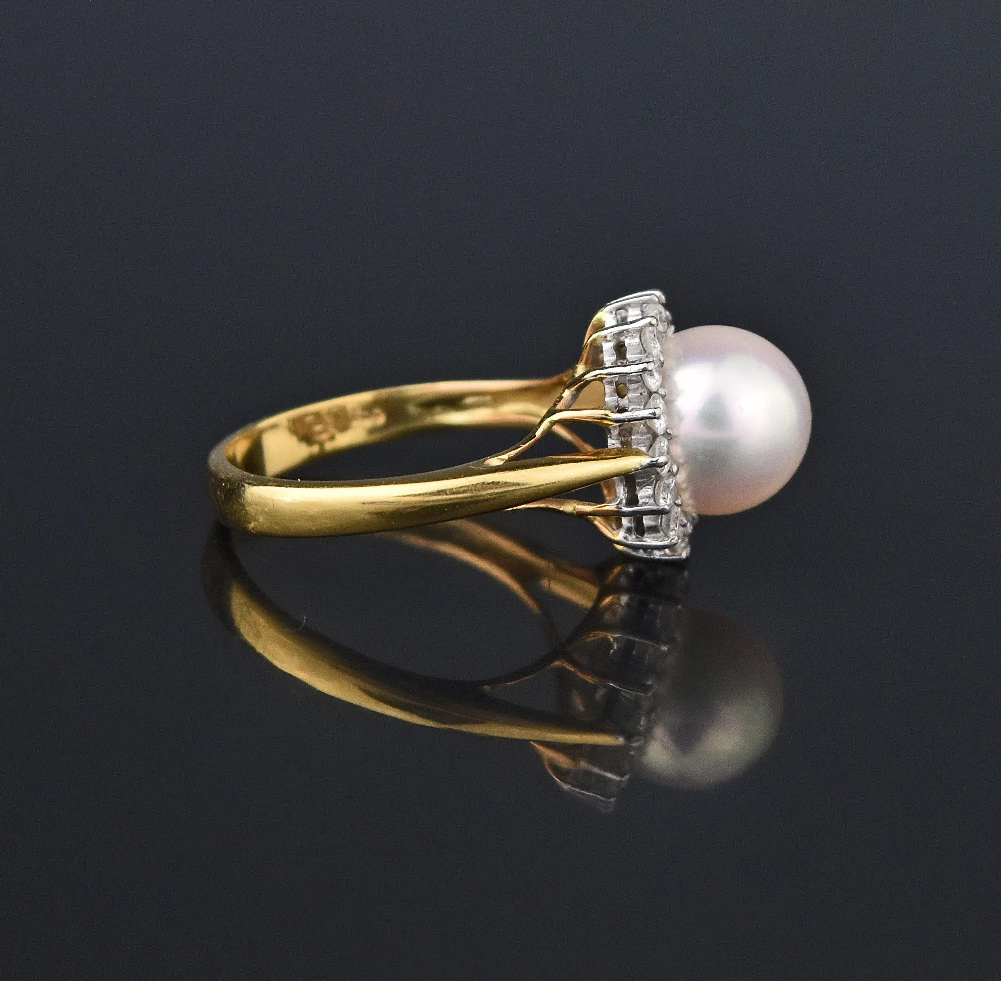 Retro 18K Gold Akoya Pearl Diamond Halo Ring